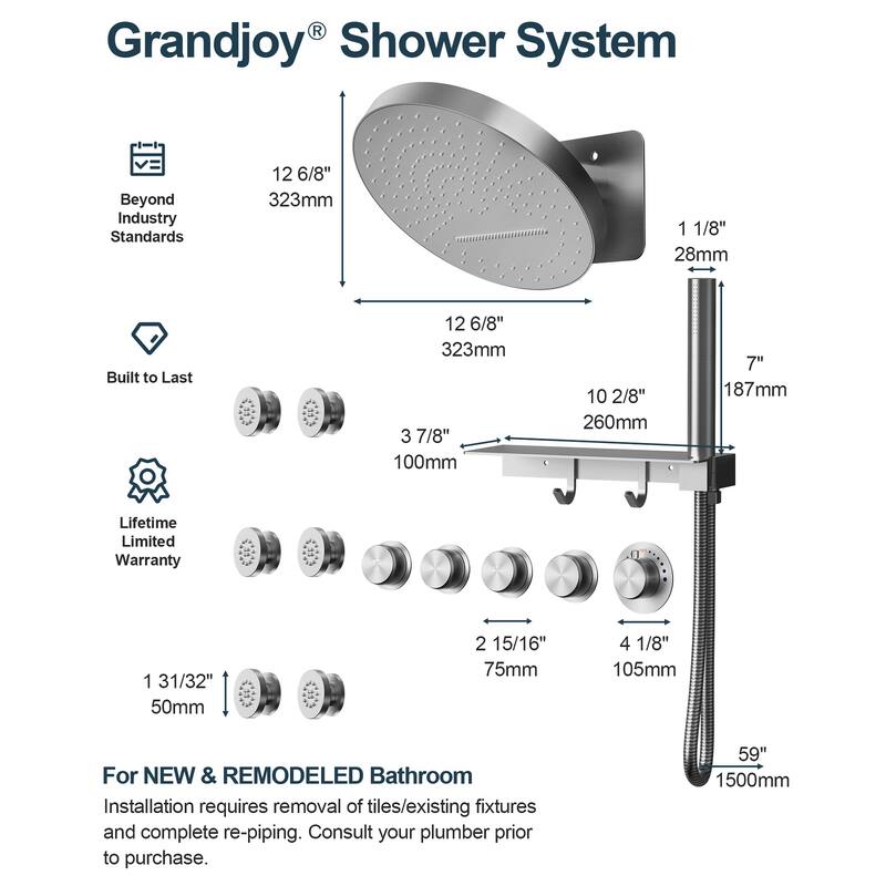GRANDJOY Shower Faucet Set 12 inch Wall Mount Rainfall Waterfall Shower Head Body Jets Handheld Spray Thermostatic Valve