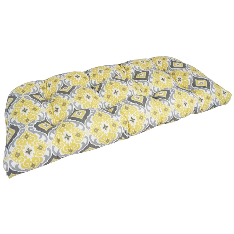 42-inch Rounded Back Tufted Outdoor Loveseat/Bench Cushion - Yellow/Gray Ogee