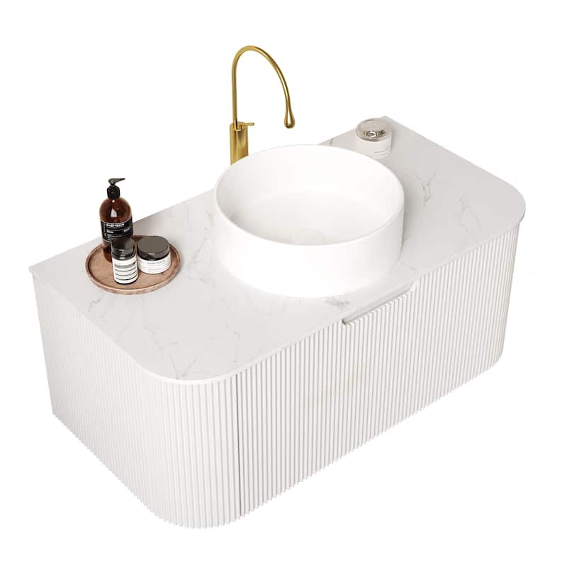 Wall-Mounted Floating Curved Edges Striped Bathroom Vanity with Sink