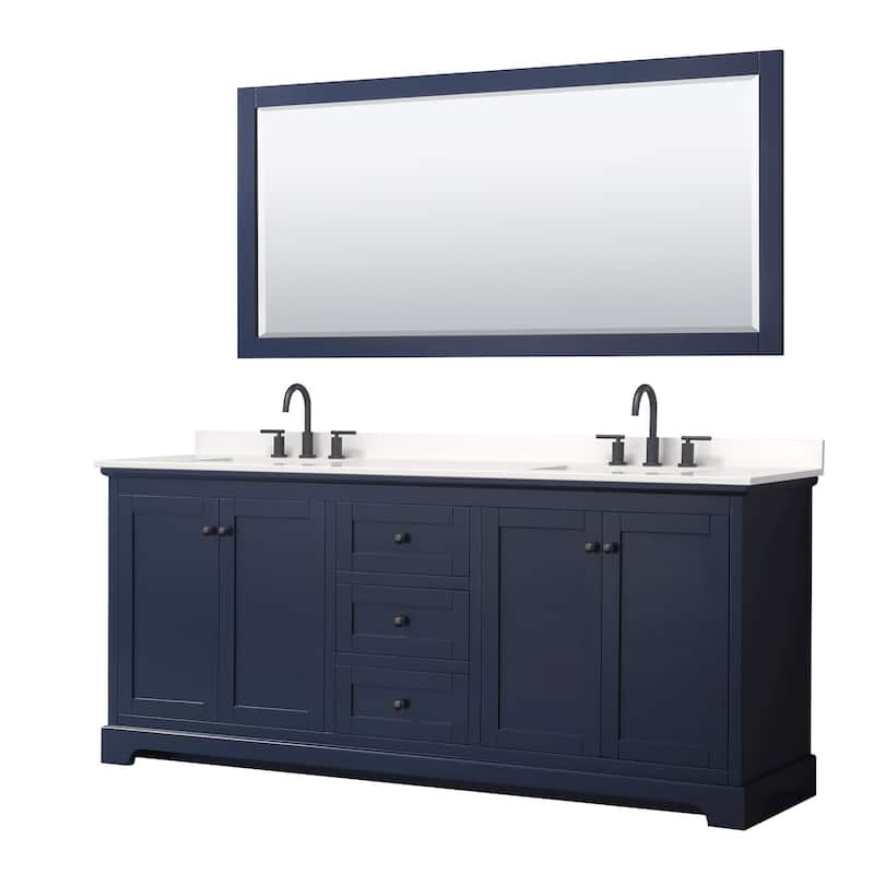 Wyndham Collection WCV232380D-QTZ-US3M70 Avery 80" Free Standing - Dark Blue / White Quartz Top / Matte Black