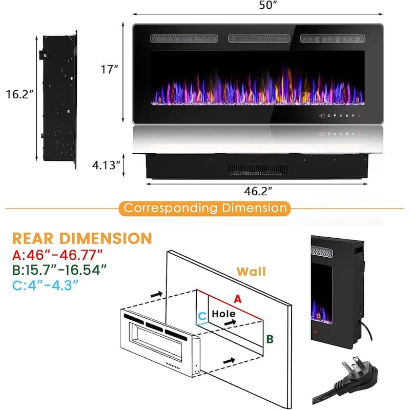 BOSSIN Electric Fireplace Wall Mounted and Recessed with Remote Control, 750/1500W Ultra-Thin Wall Fireplace Heater, Low Noise