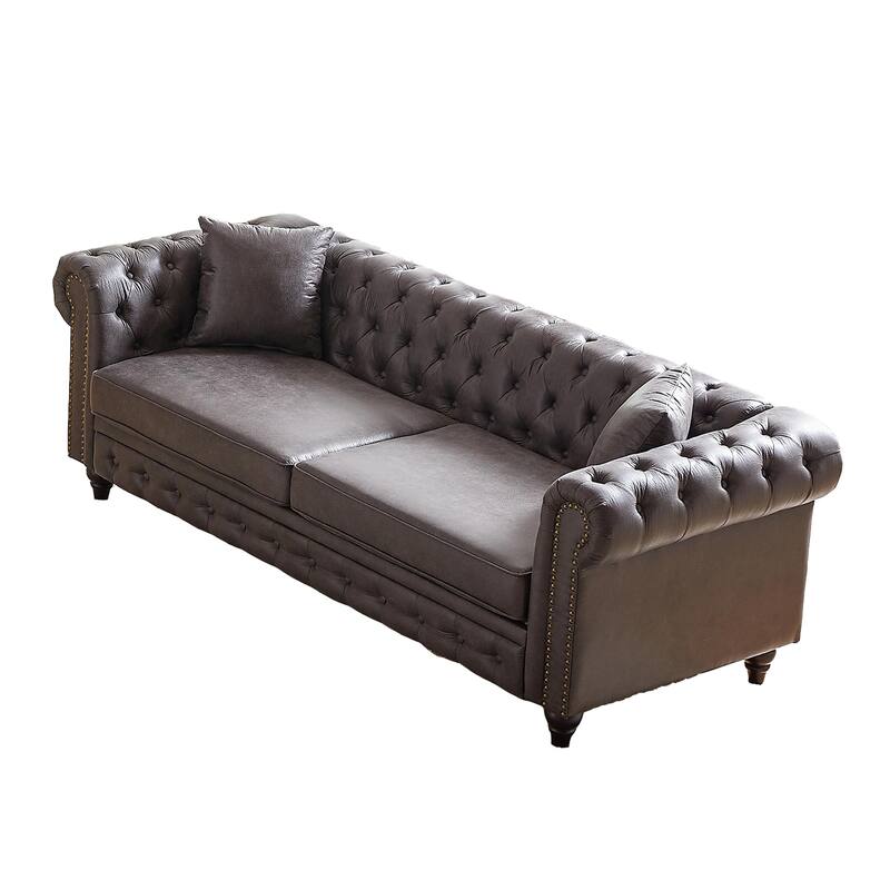 Grey 85.5" Tech Fabric 3-Seater Chesterfield Sofa with Rolled Arms, 2 Cushions