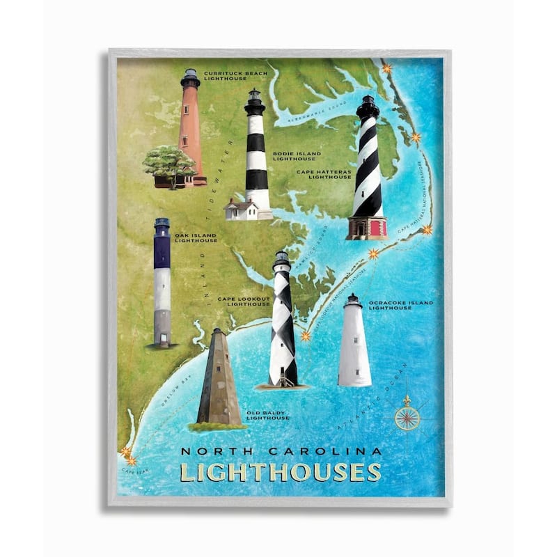Stupell Map of Lighthouses in North Carolina Coastal Design Framed Wall Art - Multi-Color