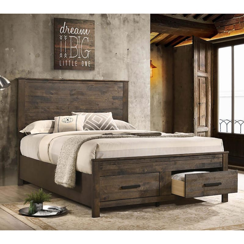 Queen Size Wood Storage Bed with 2 Footboard Drawers - Brown