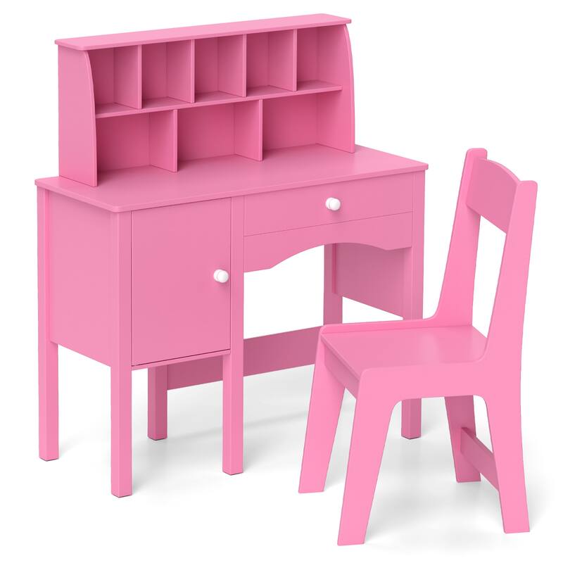 Gymax Kids Study Desk & Chair Set Children Wooden Craft Table w/ Chair - Pink