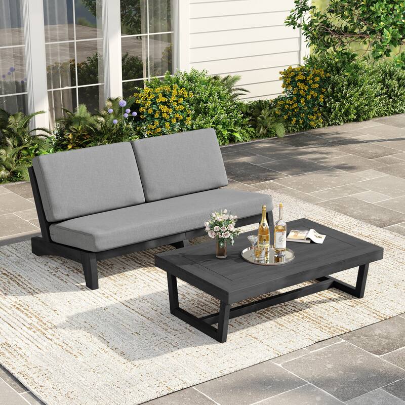 3 Seat Wood 64" W Cushioned Outdoor Patio Sofa with Coffee Table