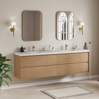 Sylphar 84 inch Bathroom Vanity with Sink, Floating Oak Cabinet with Stone Top