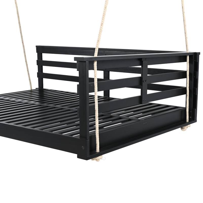 Acacia Wood Porch Swing Bed for Outdoor with Hemp Ropes - Full Size Hanging Bed, 350lbs Capacity, Open-Side Minimalist Design