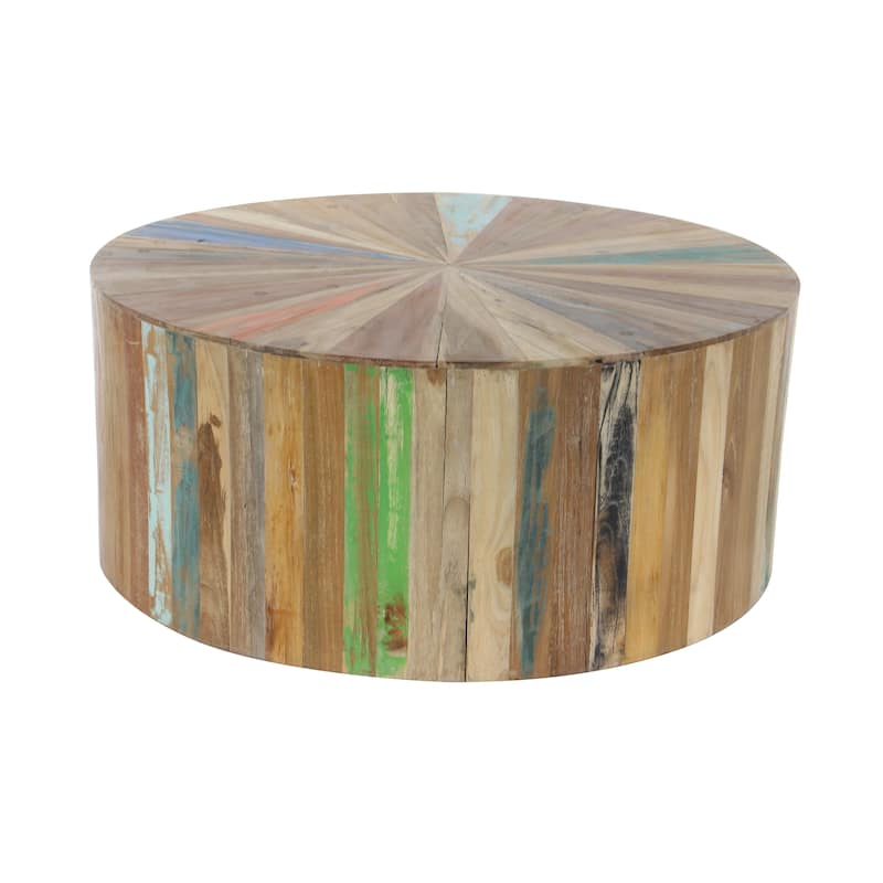 Brown Reclaimed Wood Handmade Pinwheel Drum Geometric Coffee Table with Colorful Painted Accents
