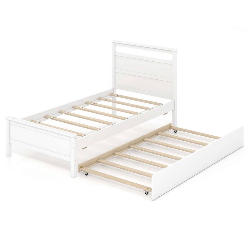 Costway Twin Size Platform Bed with Trundle Pull-out Trundle Headboard - White