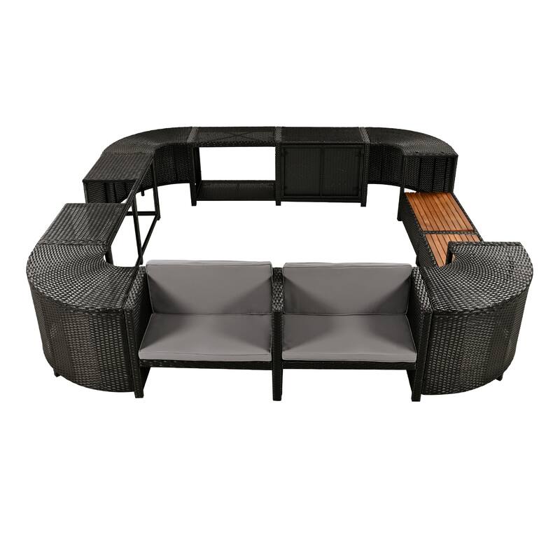 Outdoor Rattan Spa Frame Conversation Sofa Set with Storage & Wooden Bench