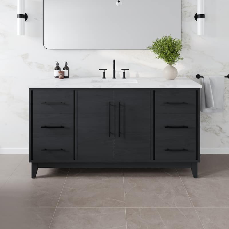 Eviva Graham Single Sink Bath Vanity with White Arabescato Engineered Stone Top - 60" - Blackwood