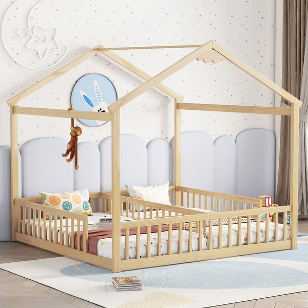slide 2 of 10, Natural Double Twin Pine Wood House Floor Bed with Guardrails Natural