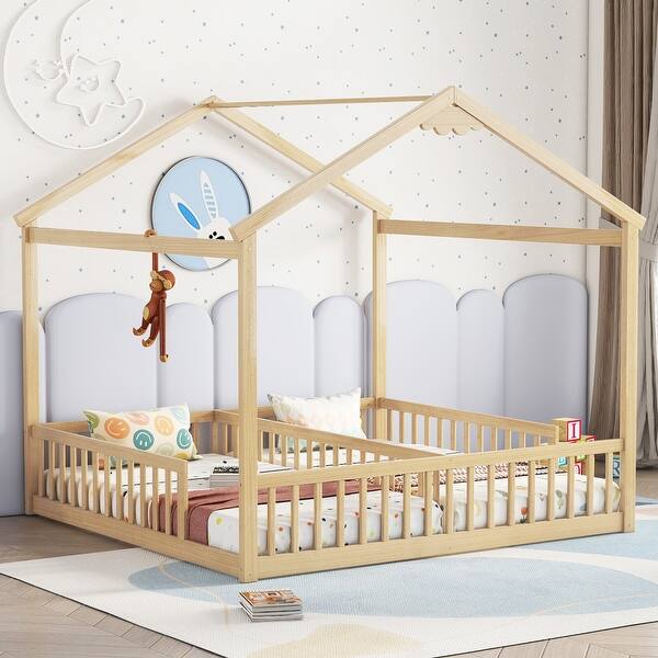 slide 2 of 10, Natural Double Twin Size Pine Wood House Floor Bed with Fence, Guardrails, without door for Bedroom Natural