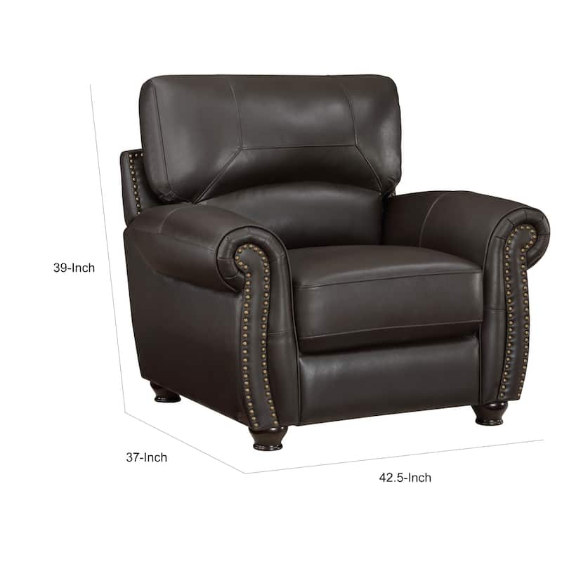 Kia 37 Inch Accent Chair, Dark Brown Top Grain and Faux Leather, Solid Wood