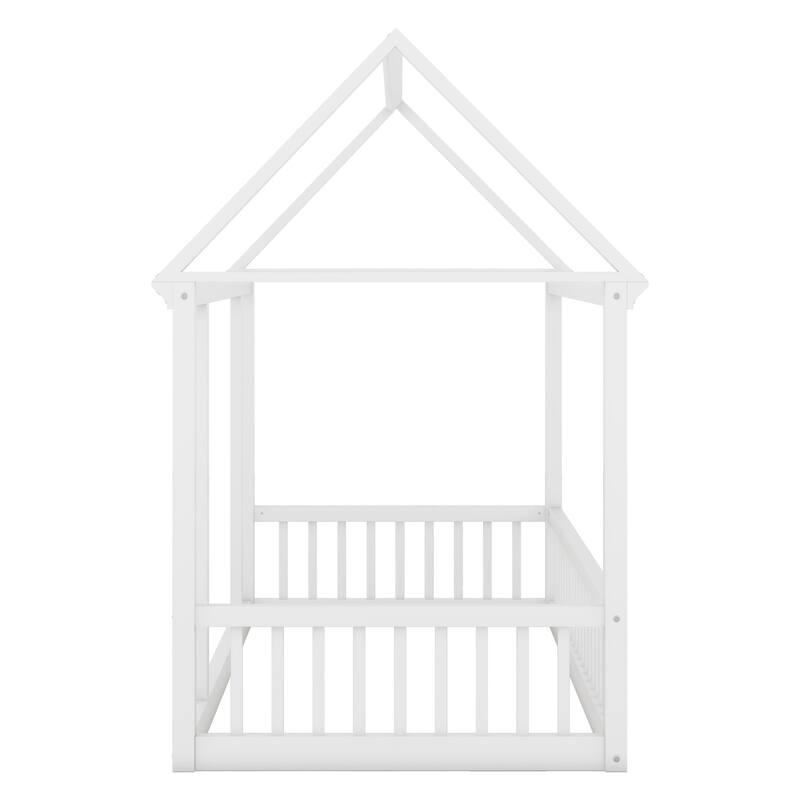 Twin/Full Size Floor Bed with Wooden House Roof Frame and Safety Guardrails for Children's Bedrooms, Small Space