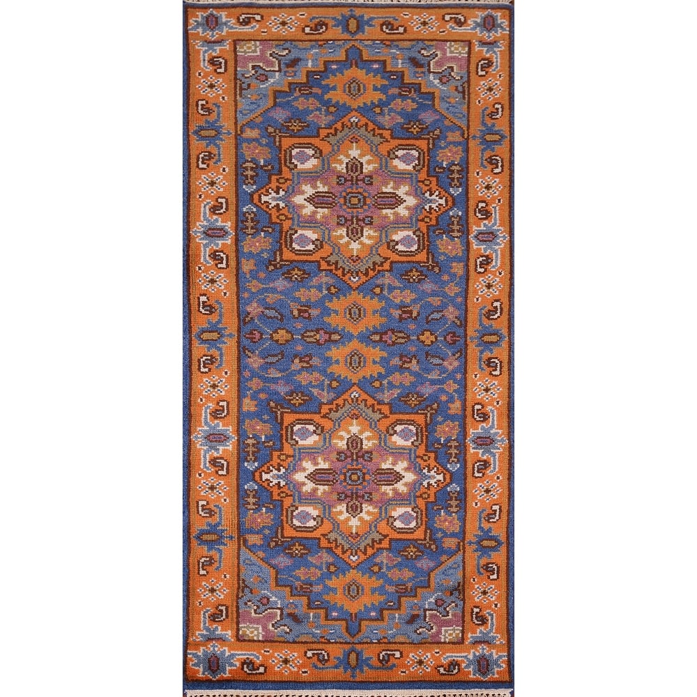 Blue & Orange Geometric Kazak Foyer Rug Hand-Knotted Wool Carpet - 2'6"x 6'0"