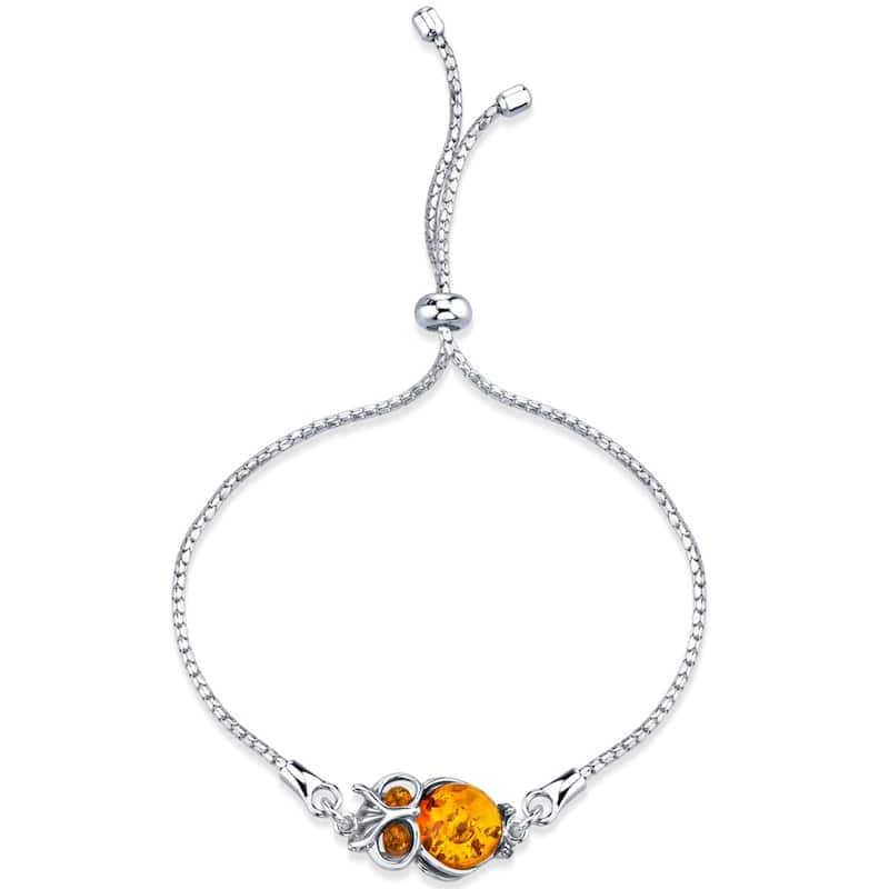 Sterling Silver Baltic Amber Owl Charm Adjustable Bracelet