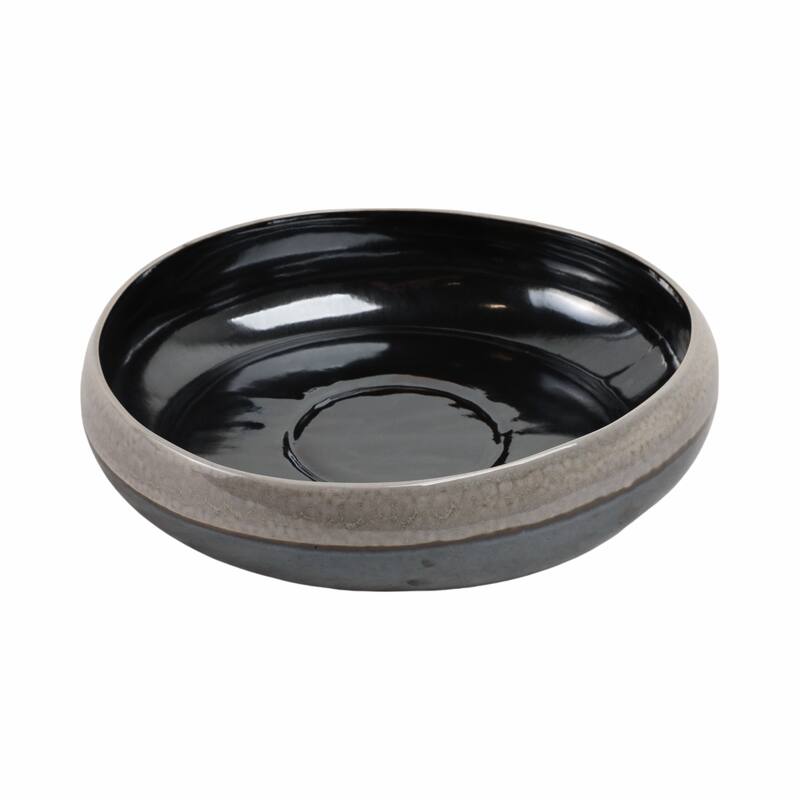 Decorative Round Glazed Bowl with Two Tone Finish - 14", Tan & Blue - 14.0"