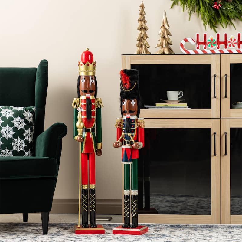 Glitzhome Wooden Christmas African King Soldier Nutcracker - 42"H King & 36.5"H Soldier