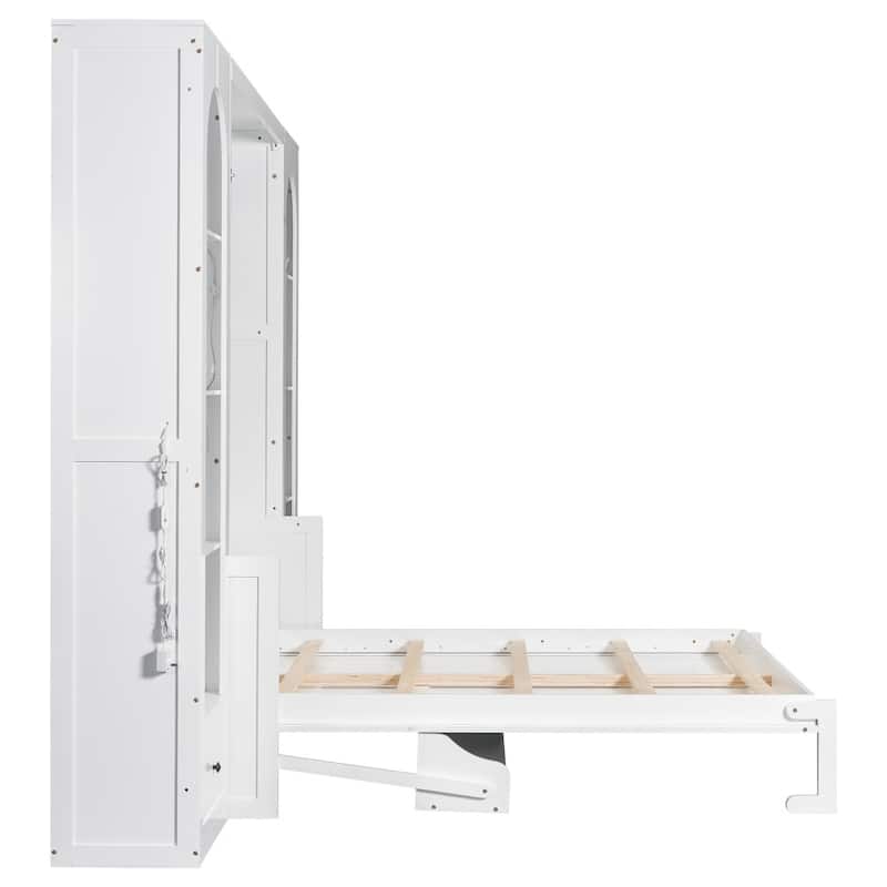 LED Wood Queen Size Foldable Murphy Bed with Drawers and Storage Shelves