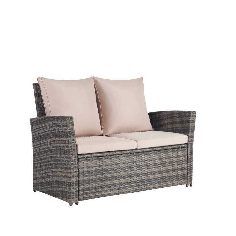 4-Piece Outdoor Patio Rattan Conversation Sofa Set with Tempered Glass Coffee Table