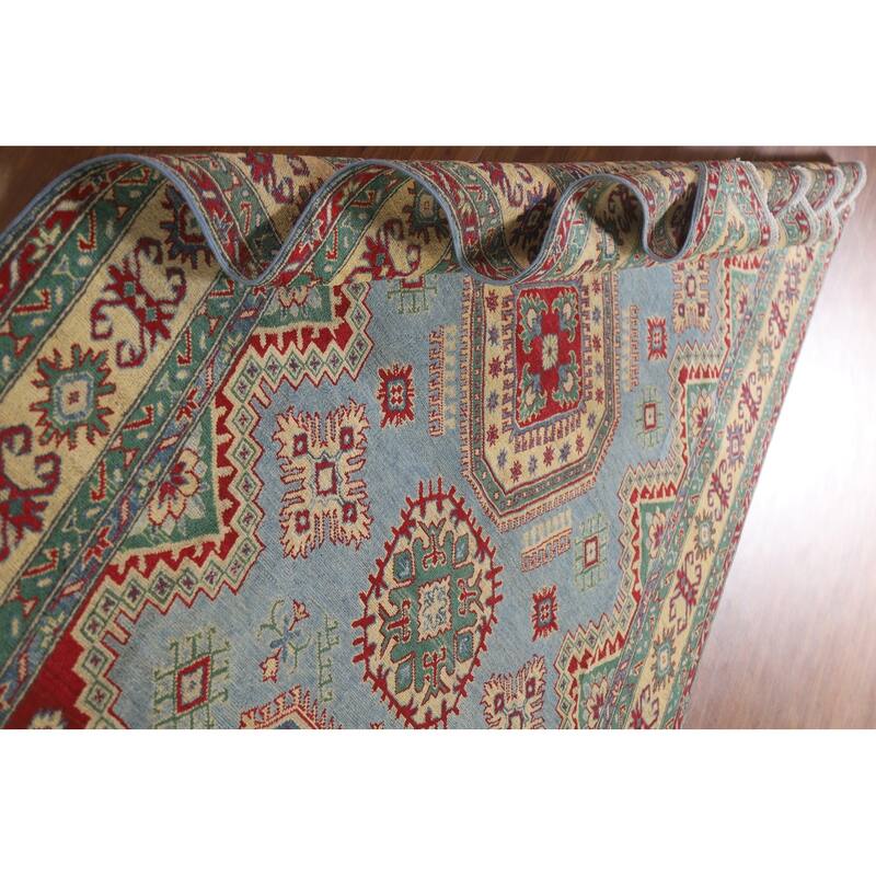 Hand Knotted Oriental 100% Wool Carpet Traditional Geometric Navy Blue & Blues Kazak Area Rug - 9' 9'' X 6' 6''