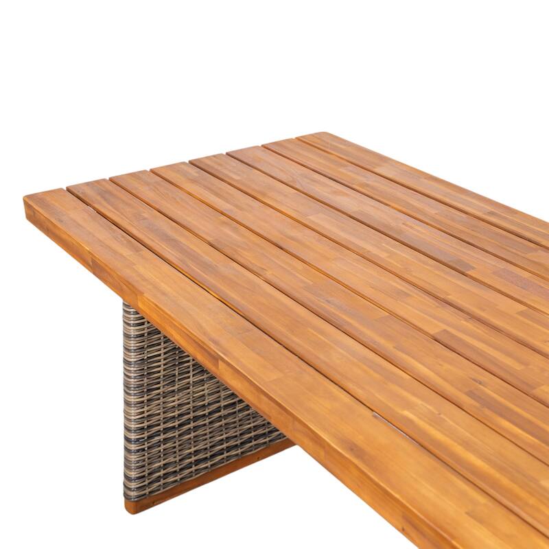 Outdoor Dining Table Acacia Wood Slatted Top with Woven Rattan Base