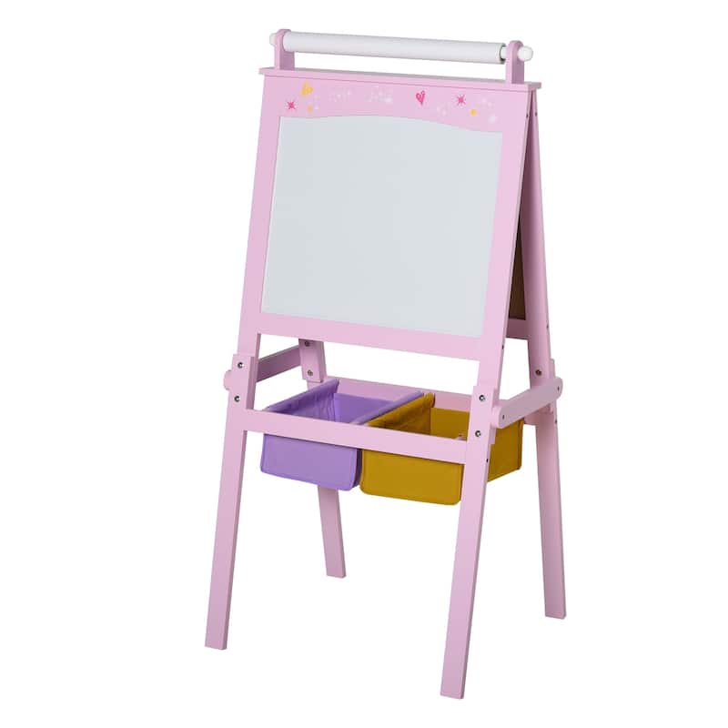 Qaba 3 In 1 Kids Wooden Art Easel with Paper Double-Sided Chalkboard & Whiteboard with Storage for Age 3 Years+, Pink