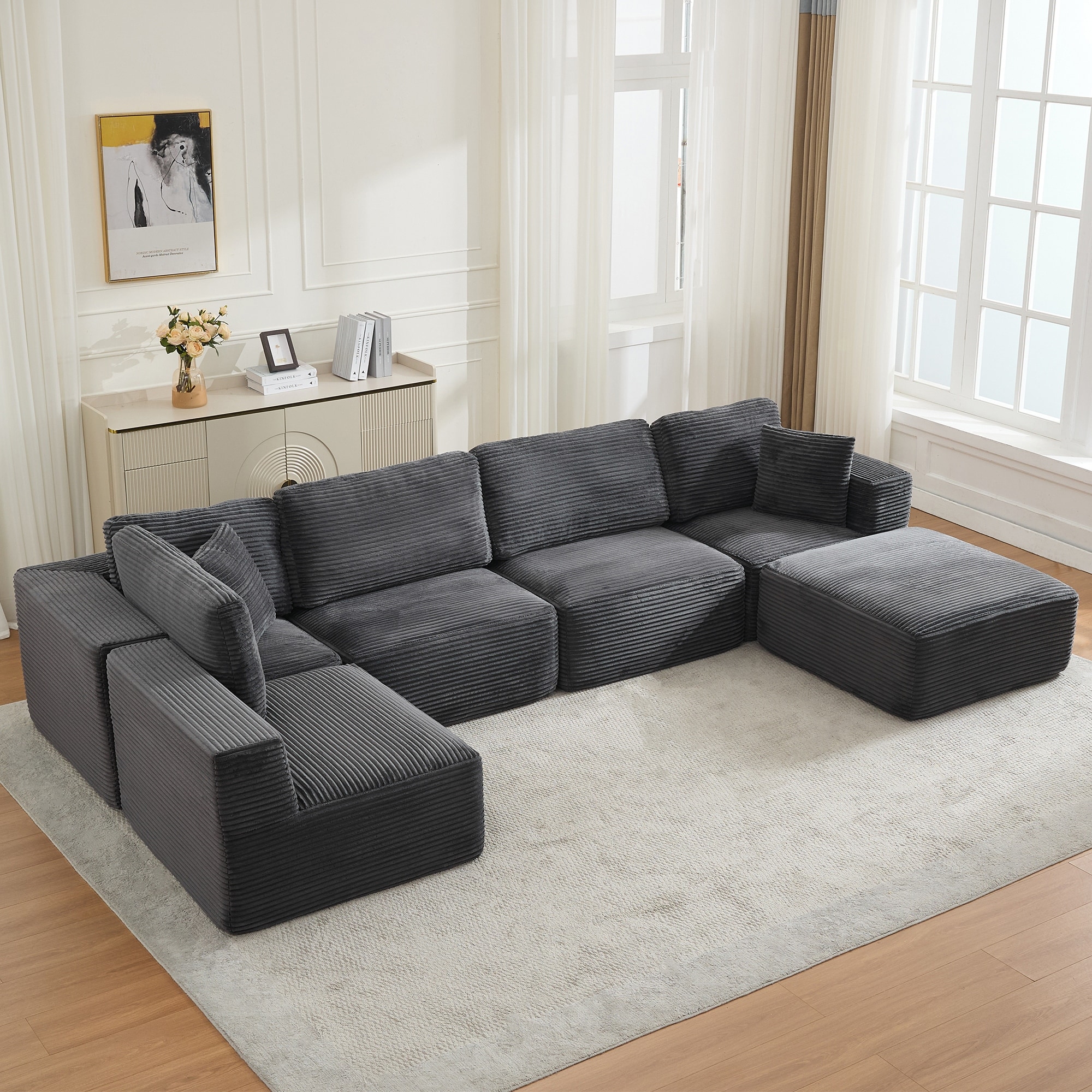 Corduroy Living Room Modular Sectional Sofa No Assembly Required