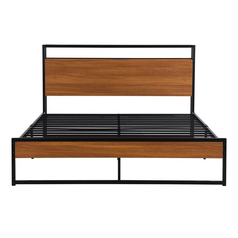 Merax Queen/Full Metal Platform Bed Frame with Sockets, USB Ports