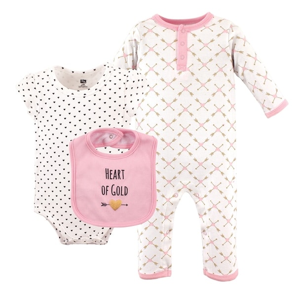 slide 1 of 1, Hudson Baby Infant Girl Cotton Coverall, Bodysuit and Bib Set 3pc, Heart 0-3 Months - Heart