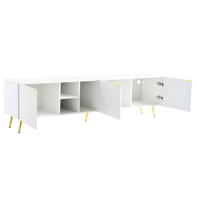 71" Minimalist TV Cabinet with Geometric Honeycomb Pattern - Gold Accents, Cable Management, Storage