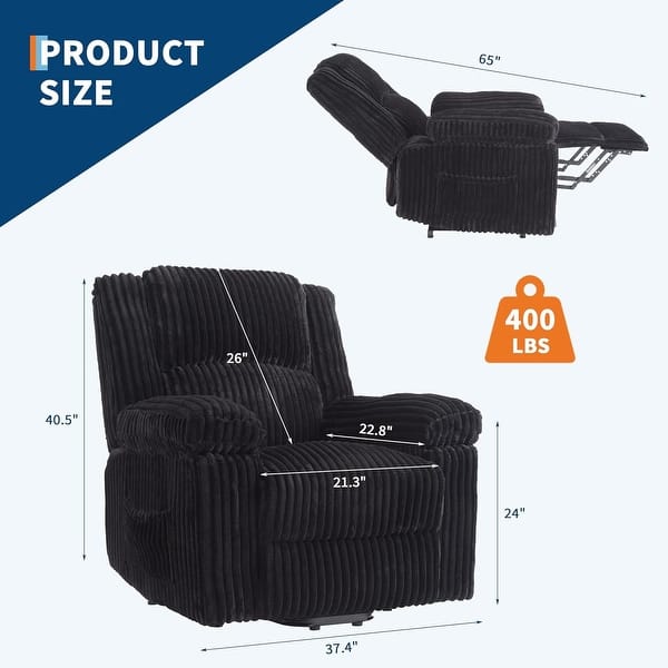 dimension image slide 3 of 5, Recliner Chair Corduroy Manual Recliner Sofa Hles Pillow-Top Armrests Thick Cushions Side Pockets 400 Lb Weight