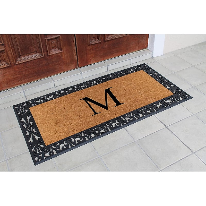 A1HC Rubber and Coir Paisley Border Heavy Duty Non-Slip Durable Double Door Monogrammed Doormat 30"X60", Black