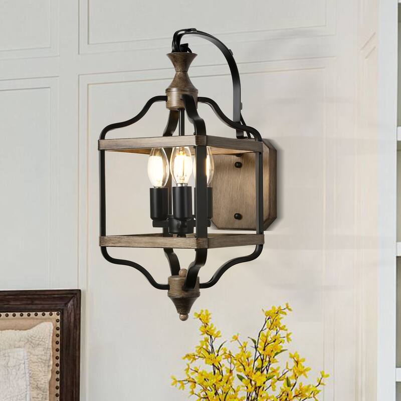 CurveCurio 17" Antique Matte Black Wall Light Metal Farme and Solid Wood Shade, 3 Light Wall Sconces - 12"*8"*17" - 12"*8"*17" - Matte Black 