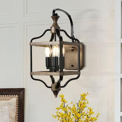 CurveCurio 17" Antique Matte Black Wall Light Metal Farme and Solid Wood Shade, 3 Light Wall Sconces - 12"*8"*17"