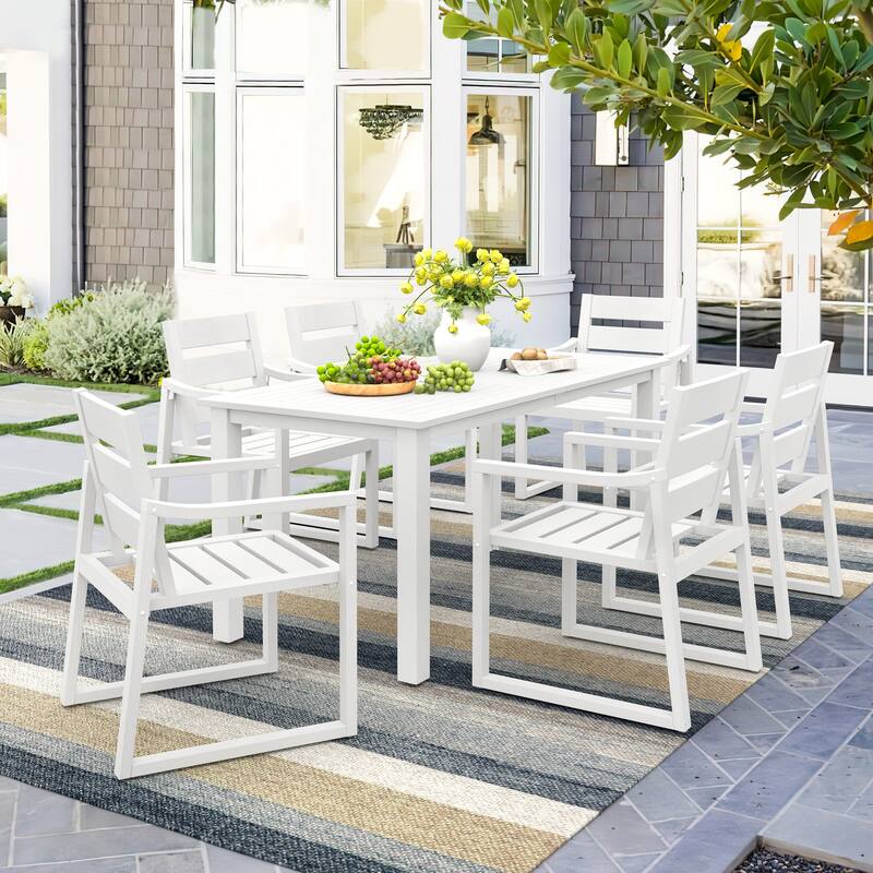 Outdoor 7-Piece Patio Set with Aluminium Rectangular Dining Table & Armchairs - White
