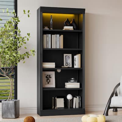83.4" Tall Wood Bookcase with light strip,5-Tier Decor Bookshelves with Adjustable Shelves,Storage Organizer