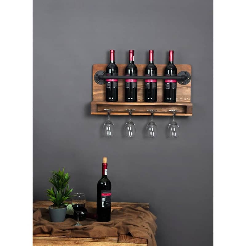 Rustic Brown Solid Wood Metal Wall-Mounted Wine Rack with Bottle and Glass Holder - 5.2'' D x 23.62” W x 11.81” H
