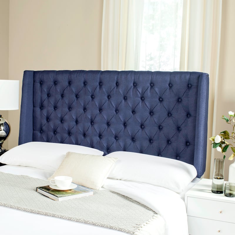 SAFAVIEH Shandra Taupe Linen Upholstered Tufted Wingback Headboard (Full) - Navy - Full