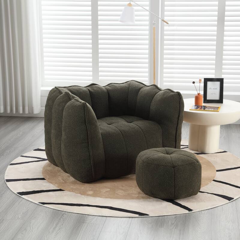 Extra-Large Chenille Bean Bag Chair with Footstool, Comfy Bean Bag Sofa for Adults, High Resilient Foam Square Lazy Sofa