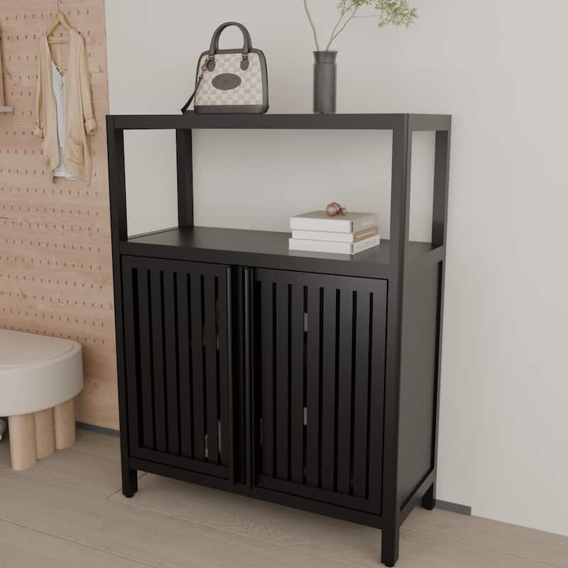 Bamboo Floor Cabinet Bathroom Cabinet with Louvered Doors, Freestanding Storage Cabinet Accent Cabinet with Shelves