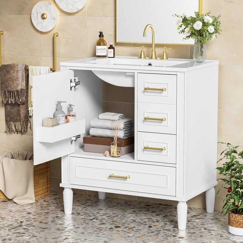 30" Bathroom Vanity with Ceramic Sink Storage Cabinet with Built-in Shelf and 3 Drawer