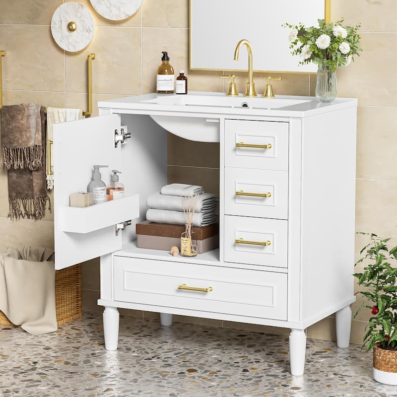 30" Freestanding Single Sink Storage Cabinet Bathroom Vanity with Gold Handles, Groove Decoration and Overflow Drain Protectio