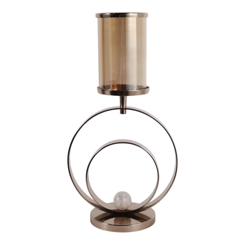 Metal Candle Hurricane Holder Modern Small Sphere Double Ring Base - 11.5" x 7" x 22"