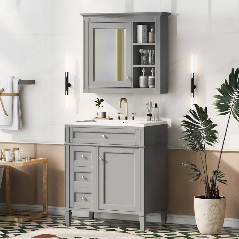30-Inch Bathroom Vanity with Ceramic Undermount Sink, Mirror Cabinet, 3 Soft-Close Drawers, and Modern Design