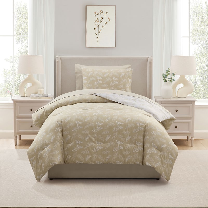Empyrean 7 Pc Botanical Comforter Set with Sheets, Soft Breathable Lightweight Bedding Bag - Oatmeal/Offwhite - Twin XL