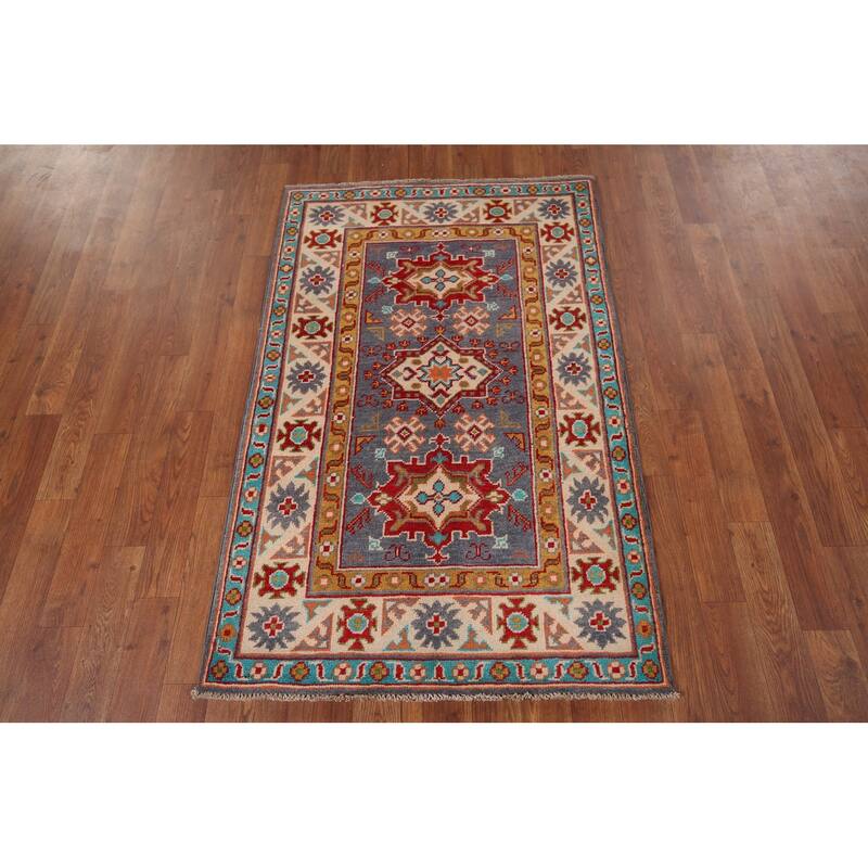 Blue Kazak Accent Rug Handmade Wool Carpet - 2'9" x 4'3"