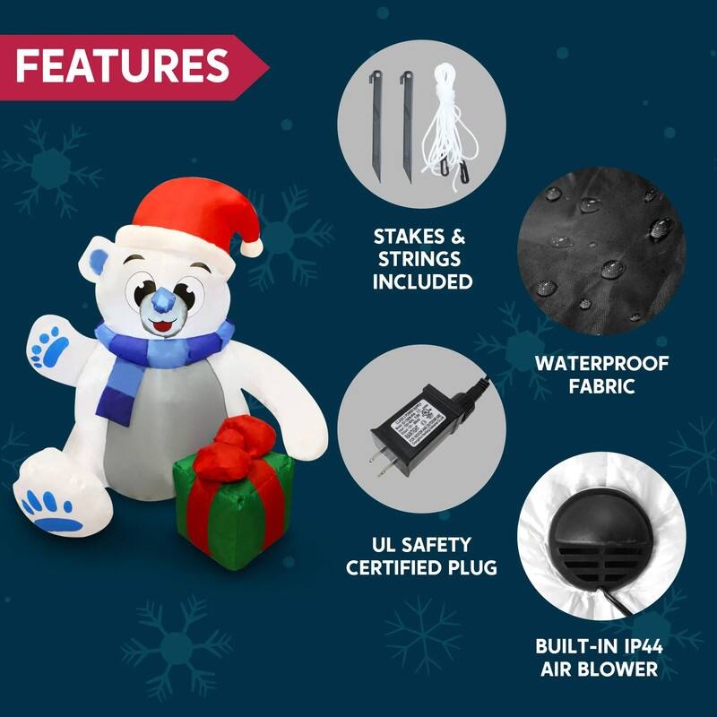 Joyfy 4-ft Christmas Inflatable Polar Bear with Gift - White and Blue